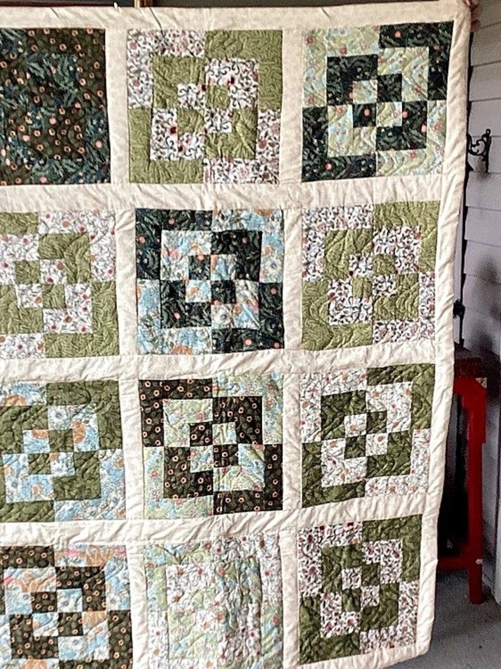 NWT. Hand Crafted William Morris Prints Quilt in Greens, Tans and Corals
